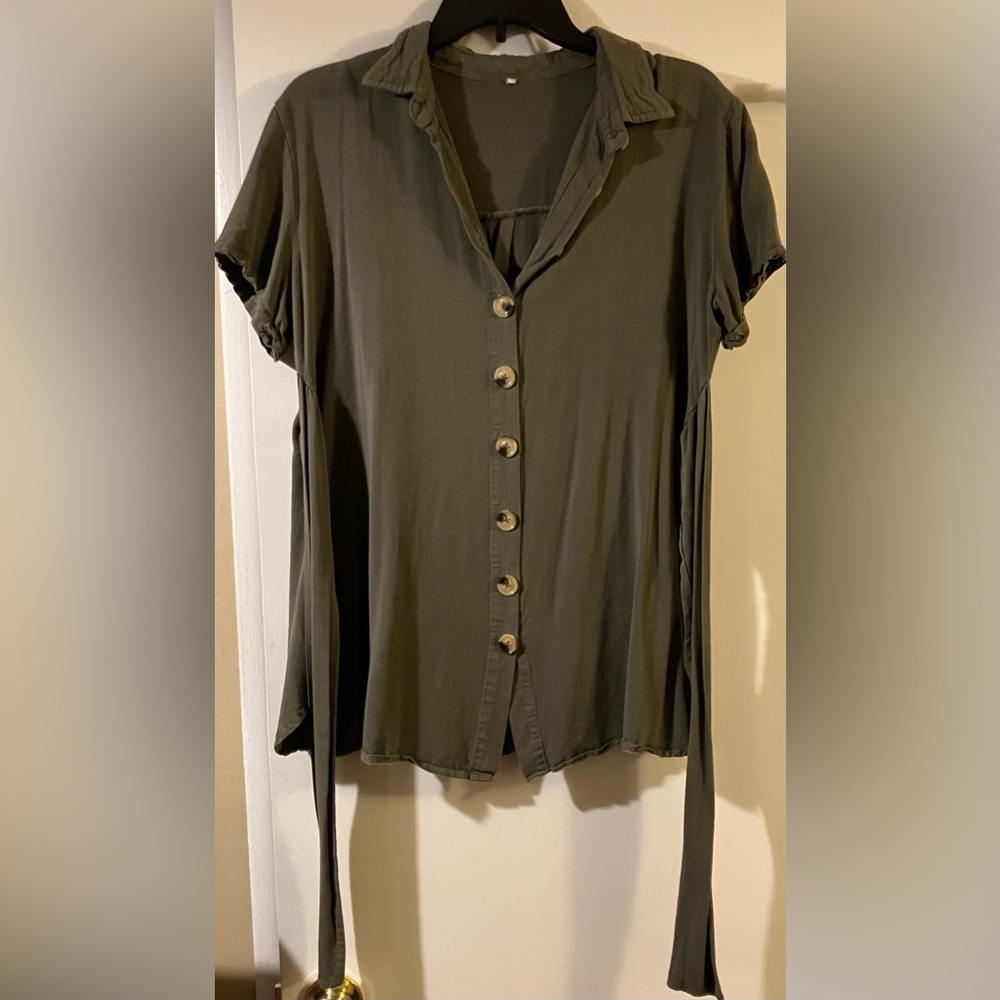 Tunic, olive green button front tie waist, women’s top